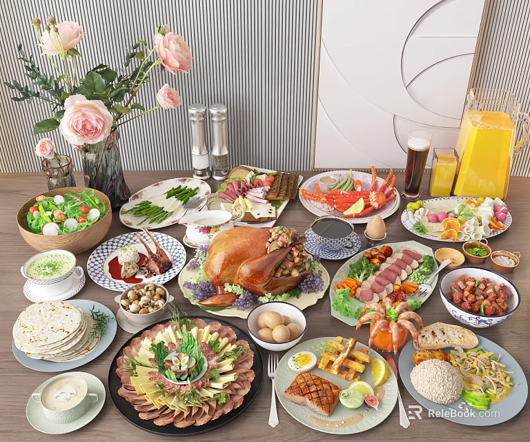 Assorted Delicious Food Dishes On Dining Table With Roast Turkey Seafood Salads Vegetables And Drinks 3d model 