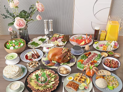 Assorted Delicious Food Dishes On Dining Table With Roast Turkey Seafood Salads Vegetables And Drinks 3d model