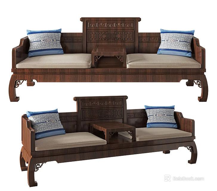 Traditional Chinese Wooden Luohan Bed With Carved Backrest Cushioned Seats And Decorative Accent Pillows 3d model 