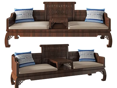 Traditional Chinese Wooden Luohan Bed With Carved Backrest Cushioned Seats And Decorative Accent Pillows 3d model