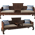 Traditional Chinese Wooden Luohan Bed With Carved Backrest Cushioned Seats And Decorative Accent Pillows