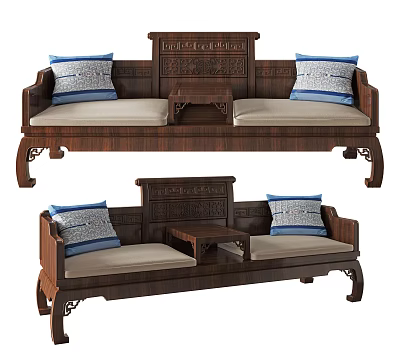 Traditional Chinese Wooden Luohan Bed With Carved Backrest Cushioned Seats And Decorative Accent Pillows 3d model