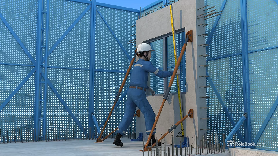 Construction Site Worker Measuring Concrete Wall With Level Tool And Safety Scaffolding 3d model 