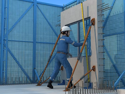 Construction Site Worker Measuring Concrete Wall With Level Tool And Safety Scaffolding 3d model