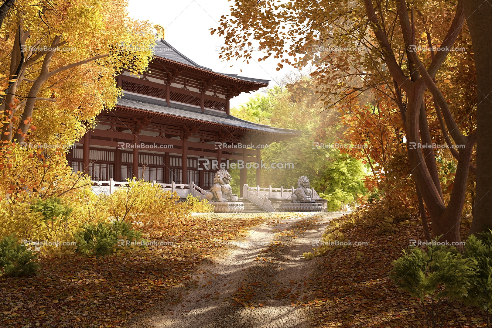 The temple among the trees of the Chinese temple 3d model