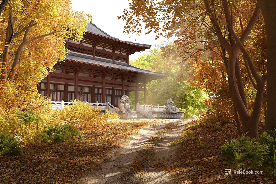 Autumn Scene of Traditional Ancient Building with Golden Trees Fallen Leaves and Stone Lions Pathway 3d model 