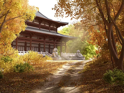 Autumn Scene of Traditional Ancient Building with Golden Trees Fallen Leaves and Stone Lions Pathway 3d model