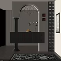 Stylish Entryway Design With Black Cabinet Red Accented Drawers Vase Arched Doorway And Wine Rack