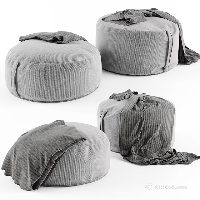 Modern Gray Fabric Poufs With Round Shape Textured Design And Soft Seating 3d model 
