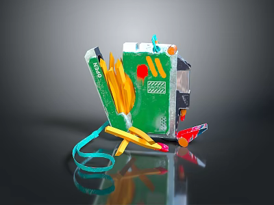 Crispy Golden French Fries With Green Packaging Colorful Decor And Tomato Dip 3d model