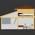 Cartoon Scene House Red Roof Wooden Structure Open Interior Sofa Colorful Cushions Billiard Table Ladder