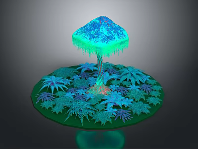 Umbrella Shaped Glowing Plant with Blue Green Leaves on Circular Base 3d model