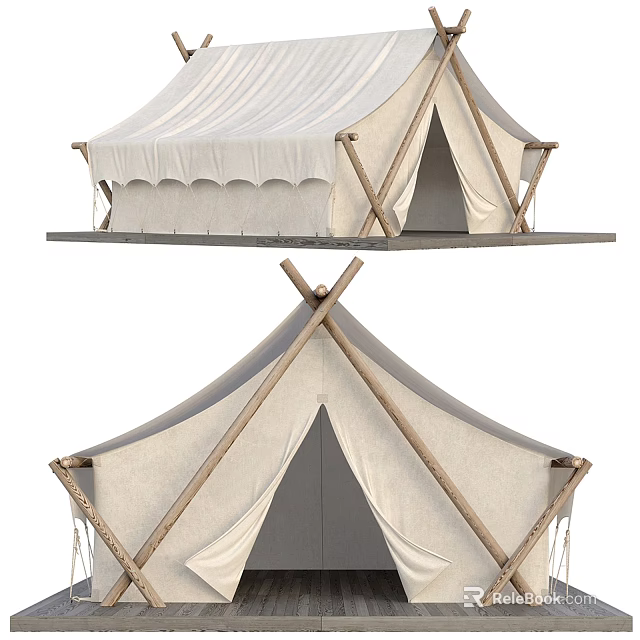 Classic Camping Tent With Wooden Poles And White Canvas Canopy Design 3d model 