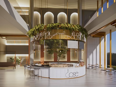 Modern Cafe Interior Design With Counter Greenery Decor And Hanging Lights 3d model