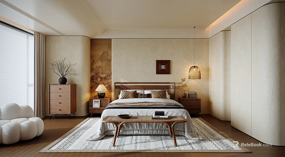 Modern Minimalist Bedroom Interior With Wooden Bedside Tables Pendant Lamp Area Rug And Decorative Painting 3d model 