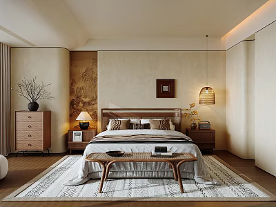 Modern Minimalist Bedroom Interior With Wooden Bedside Tables Pendant Lamp Area Rug And Decorative Painting 3d model