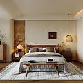 Modern Minimalist Bedroom Interior With Wooden Bedside Tables Pendant Lamp Area Rug And Decorative Painting