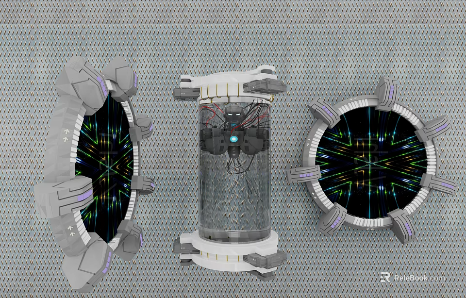 Futuristic Wall Decor With Glass Cylinder Neon Geometric Patterns And Metallic Frames 3d model 
