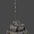 Silver Decorative Sword with Ornate Hilt Embedded in Rock on Dark Background