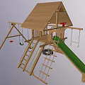Wooden Kids Outdoor Playground Equipment with Swings Slide Climbing Ladder and Roofed Structure