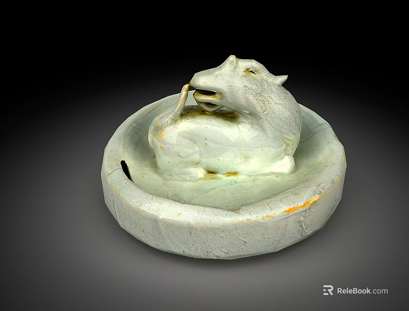 Traditional Celadon White Ceramic Vessel With Reclining Sheep Figure And Circular Base 3d model 