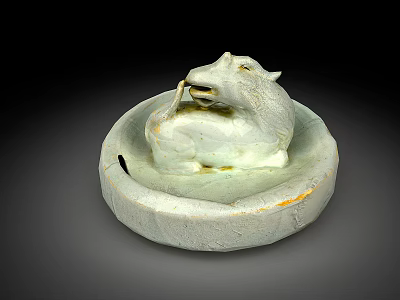 Traditional Celadon White Ceramic Vessel With Reclining Sheep Figure And Circular Base 3d model