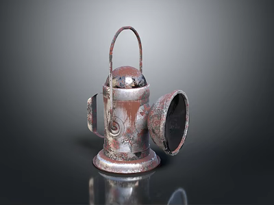 Vintage Kerosene Lantern Metal Body With Rustic Patina Worn Handle Open Shade And Reflective Base 3d model