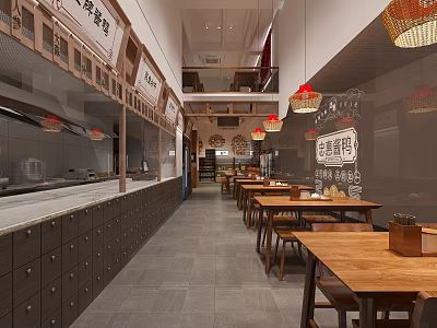 Traditional Restaurant Interior With Wooden Tables Chairs Lanterns Open Kitchen And Menu Boards 3d model