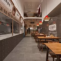 Traditional Restaurant Interior With Wooden Tables Chairs Lanterns Open Kitchen And Menu Boards