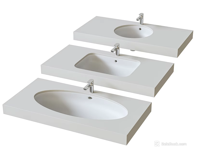 Three White Countertop Washbasins with Sleek Modern Faucets in Minimalist Style 3d model 
