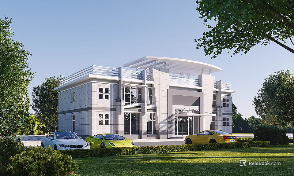 Modern Office Building Exterior With Glass Windows Lawn And Parked Cars Surrounded By Green Trees 3d model 