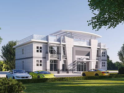 Modern Office Building Exterior With Glass Windows Lawn And Parked Cars Surrounded By Green Trees 3d model