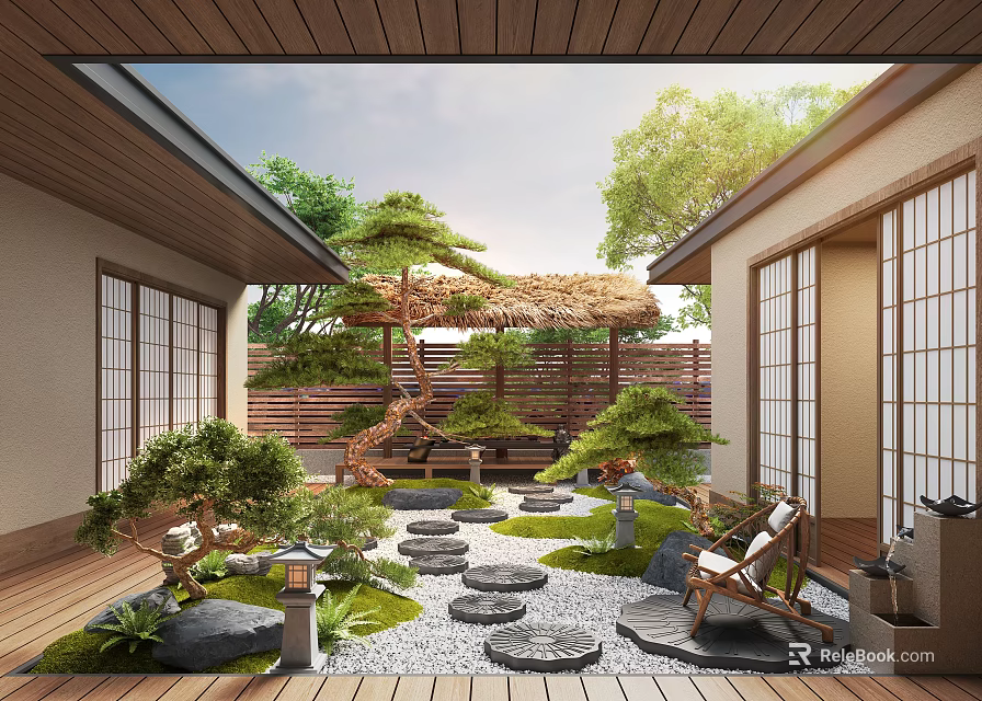 Japanese Courtyard Garden With Wooden Deck Stepping Stones Pine Trees Stone Lanterns And Shoji Doors 3d model 