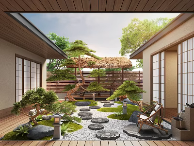 Japanese Courtyard Garden With Wooden Deck Stepping Stones Pine Trees Stone Lanterns And Shoji Doors 3d model