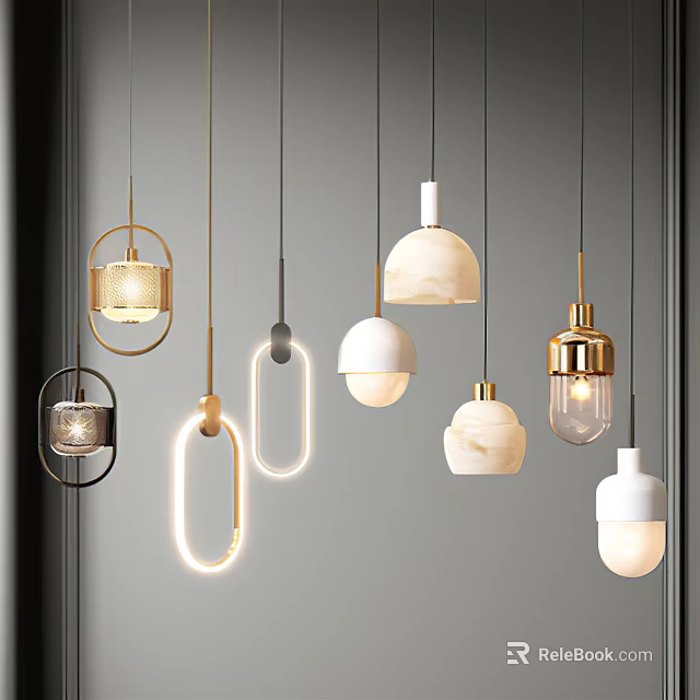 Modern Pendant Lights with Various Designs Metal Frames Glass Shades and Marble Elements 3d model 