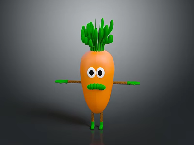 Cartoon Carrot Character With Green Leaves Eyes Mustache Arms and Legs 3d model