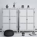 Dark Metal Cabinets With Decorative Items Green Knitted Pouf And Small Plants