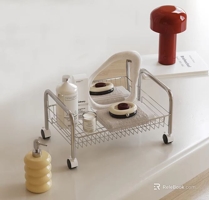 Practical Metal Bathroom Storage Rack With Wheels And Toiletries Mirror Towel 3d model 