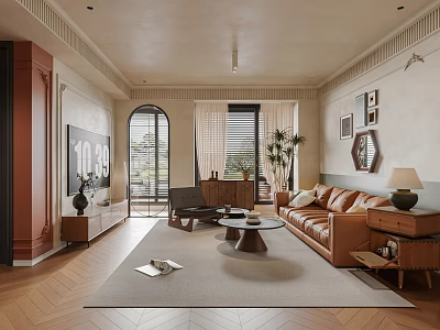 Elegant Living Room Interior With Brown Leather Sofa Round Coffee Table And Arched Doorway 3d model