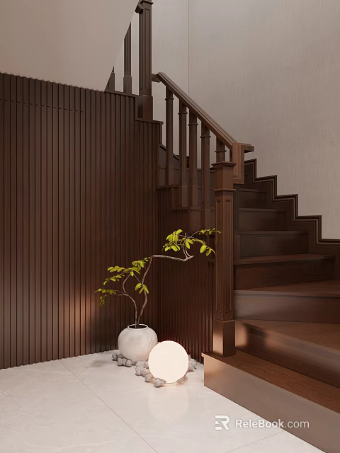 Modern Wooden Stairs With Vertical Striped Wall And Green Plant In White Planter 3d model 