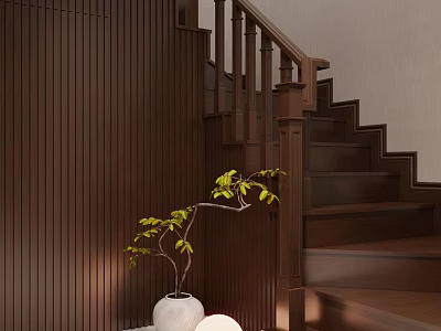 Modern Wooden Stairs With Vertical Striped Wall And Green Plant In White Planter 3d model
