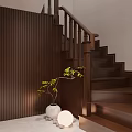 Modern Wooden Stairs With Vertical Striped Wall And Green Plant In White Planter