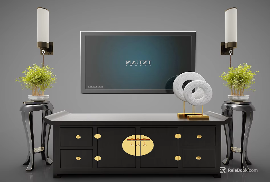 Modern Chinese Style Black TV Stand With Golden Circular Accents And Potted Plants 3d model 