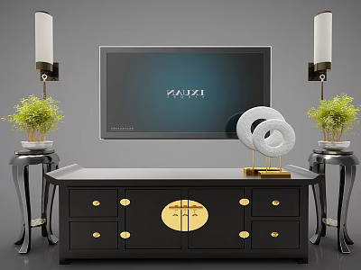 Modern Chinese Style Black TV Stand With Golden Circular Accents And Potted Plants 3d model