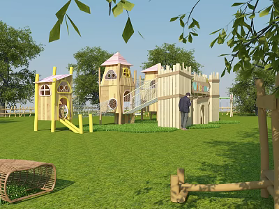 Wooden Playground Equipment With Tower Slide Green Grass And Trees In Outdoor Area 3d model