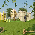 Wooden Playground Equipment With Tower Slide Green Grass And Trees In Outdoor Area