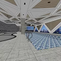 Modern Indoor Swimming Pool Area With Lounge Chairs And City Skyline View