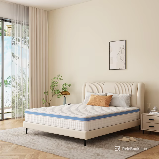 Comfortable Beige Mattress With Blue Edge And Padded Headboard Pillows Nightstand Plant And Window Curtains 3d model 