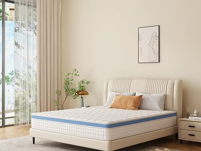 Comfortable Beige Mattress With Blue Edge And Padded Headboard Pillows Nightstand Plant And Window Curtains 3d model