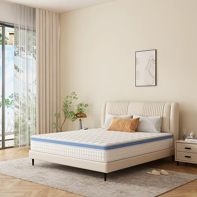 Comfortable Beige Mattress With Blue Edge And Padded Headboard Pillows Nightstand Plant And Window Curtains 3d model